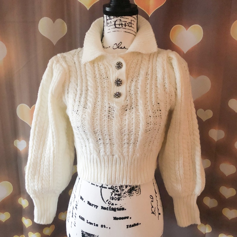 🦄HP♦︎ Sweater crop top cable knit white womens long sleeve button collar - Picture 2 of 7